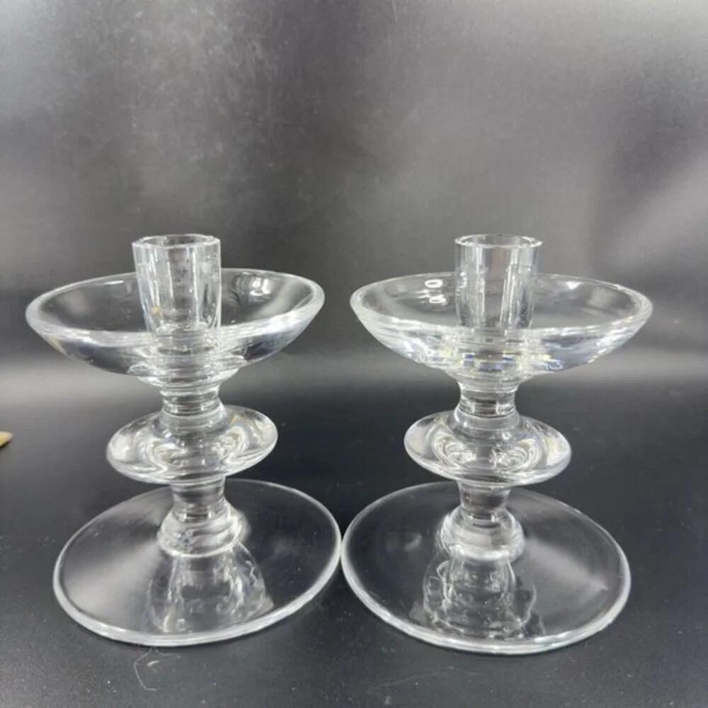 1950s‎ Val Saint Lambert Clear Glass Candlestick Holder Votive Set 2 Signed VTG